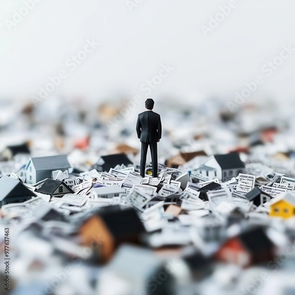 Fototapeta Person standing in a flood of overdue mortgage bills, loan default, financial crisis