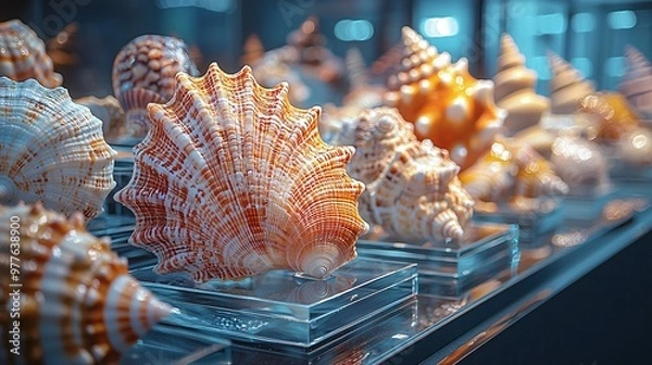 Fototapeta Shells displayed in a glass showcase with light illuminating them