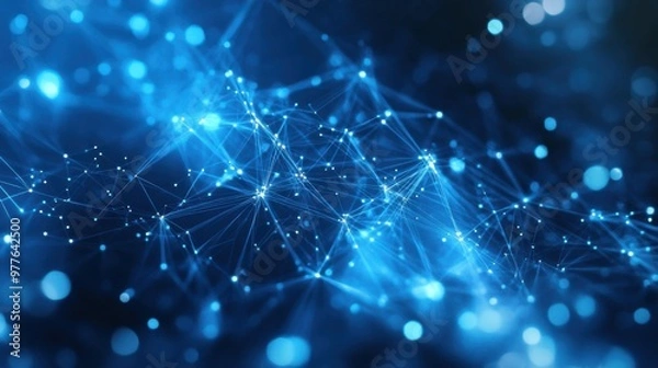 Fototapeta Abstract illustration featuring plexus blue geometrical shapes, representing connection and web concept, with digital communication and technology network background comprising moving lines and dots-s