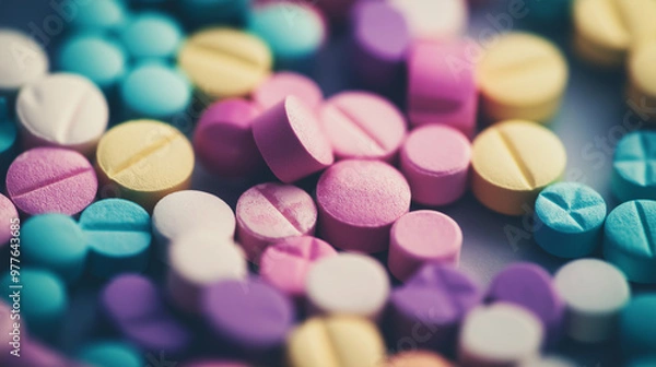 Fototapeta Colorful ecstasy pills forming a drug abuse background