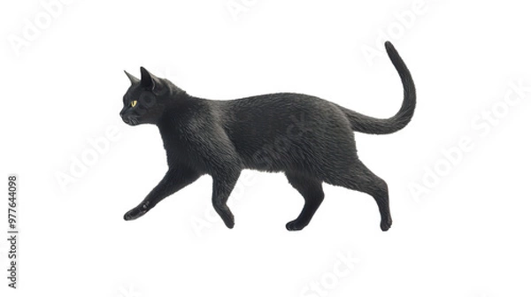 Fototapeta A black cat is walking on a white background