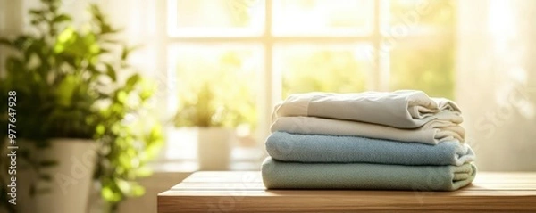 Fototapeta Freshly folded laundry stacked neatly on a wooden table, soft natural light illuminating the scene, Clothing care, fresh laundry