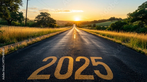 Fototapeta Road to 2025 with Empty Road and Yellow Painting 2025, Symbolizing Future Positivity and Success for the New Year