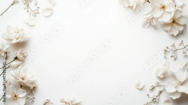 Fototapeta A white background wedding design with minimalistic floral details around the edges, leaving ample space for elegant typography and wedding details.