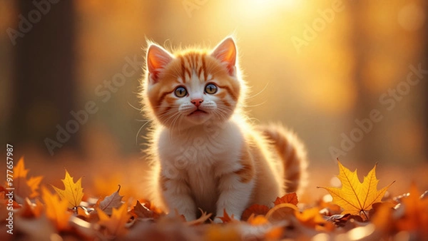 Obraz Autumn colors - Closeup shot of a ginger little kitten standing on a pile of autumn leaves under the sun. It showcases a domestic cat enjoying the outdoors