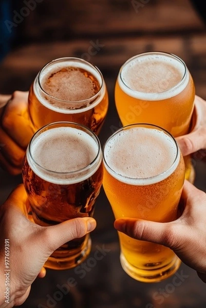 Fototapeta Cheers Overhead View of Four Beer Glasses Held High Capturing the Joy of Shared Drinks