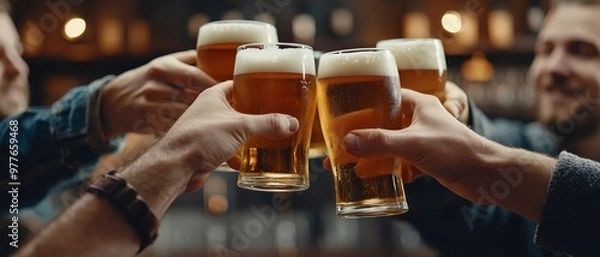 Fototapeta Cheers to Friendship Closeup of Hands Clinking Beer Glasses in a Blurred Pub Setting