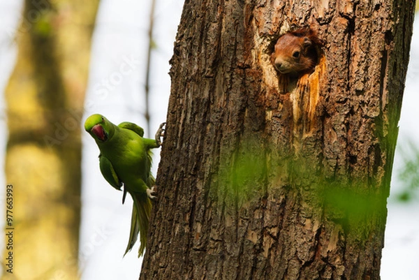 Fototapeta Ring-necked parakeet attacks a squirrel in a tree hole.