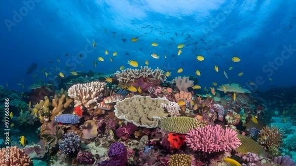 Obraz Wide view underwater coral reef background in the deep blue ocean with vibrant fish and marine life
