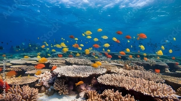 Obraz Wide view underwater coral reef background in the deep blue ocean with vibrant fish and marine life
