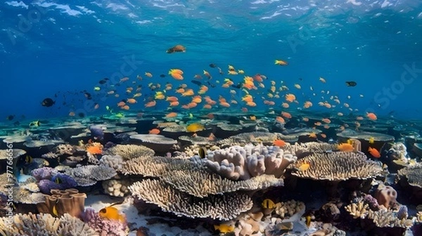 Obraz Wide view underwater coral reef background in the deep blue ocean with vibrant fish and marine life

