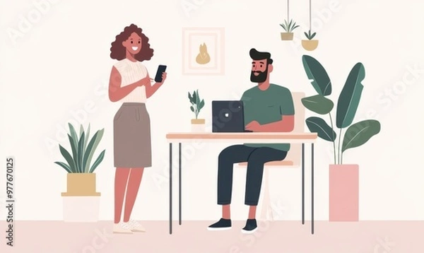 Fototapeta A man is sitting at his desk and working on the computer, while another woman stands next to him holding a phone in her hand Generative AI