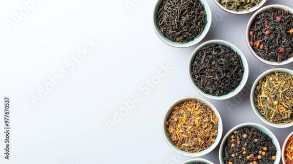 Obraz An assorted dried tea leaves in small ceramic bowls, dried tea leaves, tea blends and herbal infusions