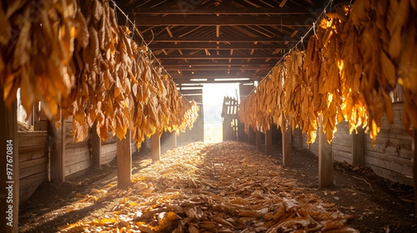 Fototapeta Curing Tobacco leaves Hanging in a Barn. cigar tobacco leaves drying in the shed. rustic barn, rows of leaves hang from wooden rafters, drying slowly