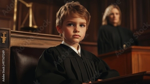 Fototapeta Child lawyer presenting a case in front of a judge, wearing a black robe, holding a briefcase.