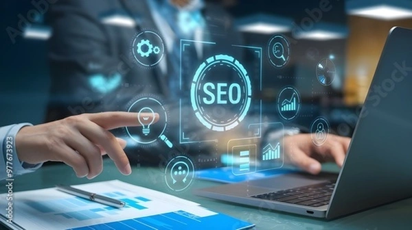 Fototapeta SEO, Search engine optimization, Businessman uses a laptop to analyze SEO, Website ranking, Search engine ranking