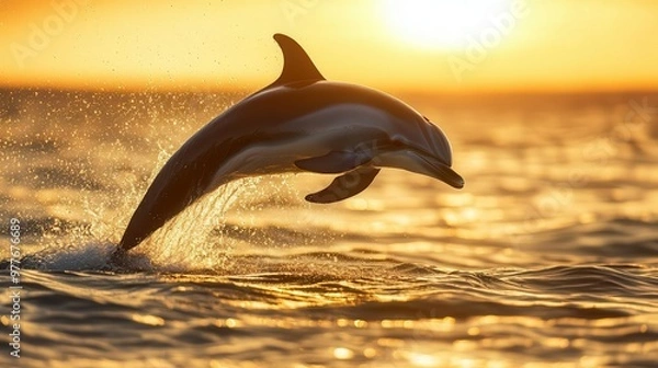 Fototapeta Graceful dolphin leaping out of the ocean, splashing water droplets, golden sunset in the background