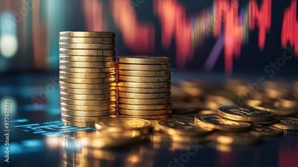 Fototapeta Stacks of gold coins with a background of financial trading graphs