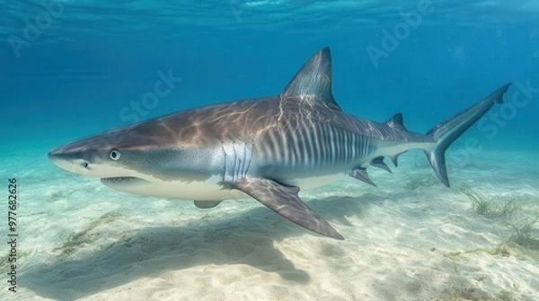 Fototapeta Tiger shark swimming in shallow waters, its stripes visible against the sandy bottom, powerful and sleek