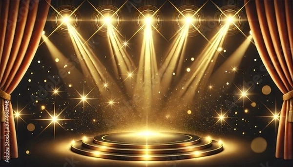 Fototapeta A luxurious stage setting with glowing golden spotlights illuminating a central platform, framed by elegant curtains