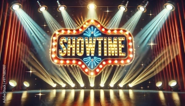 Fototapeta  A vibrant and dazzling stage with a brightly lit "Showtime" marquee, illuminated by spotlights, creating a classic theater atmosphere