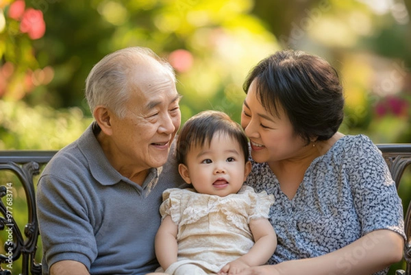 Fototapeta Happy multi-generational family is sitting on a bench in a park, enjoying the warm weather and each other's company