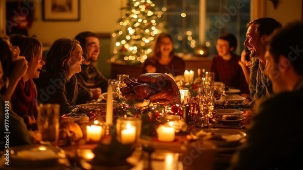 Fototapeta A festive dining table with a turkey, candles, and laughing guests gathered for a Christmas feast