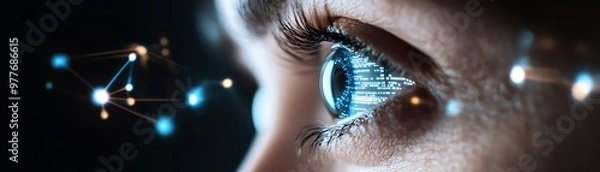 Obraz Close-up of a human eye with digital elements, symbolizing technology and artificial intelligence in a futuristic concept.