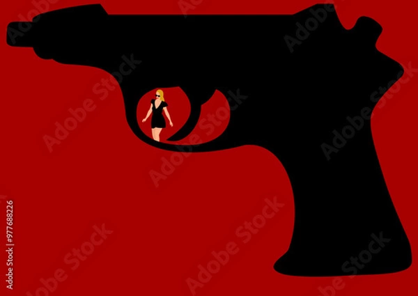 Obraz Hand gun with a girl in the trigger in a red background.