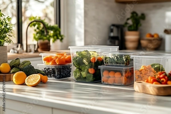 Obraz Kitchen countertop full of food storage containers organizing fresh produce
