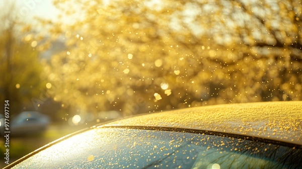 Fototapeta car blanketed in golden pollen glistens under the sun, surrounded by vibrant blooming trees, with pollen gently drifting through the warm air on a spring morning.