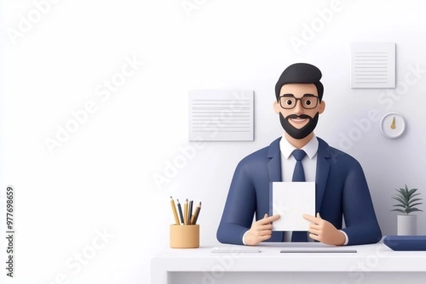 Fototapeta A professional man with glasses smiles while holding a blank paper in a modern office setting, exuding confidence and friendliness.