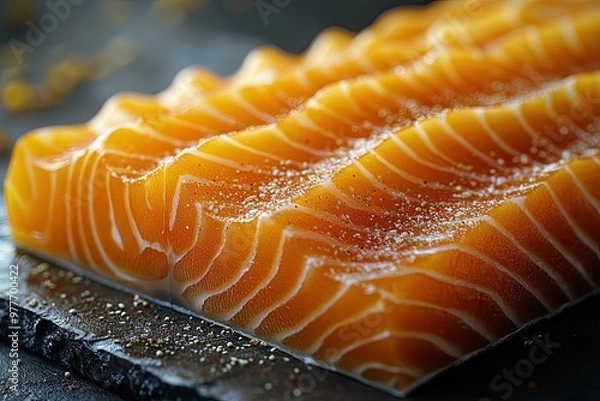 Fototapeta Freshly Prepared Salmon Fillet With a Shiny Surface Displayed on a Dark Slate Background