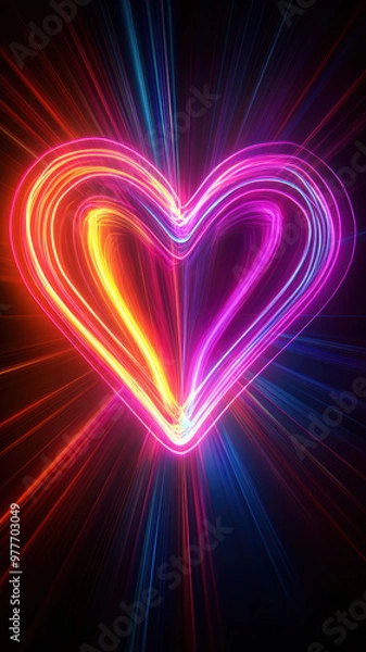 Fototapeta Colorful light rays forming neon heart shape