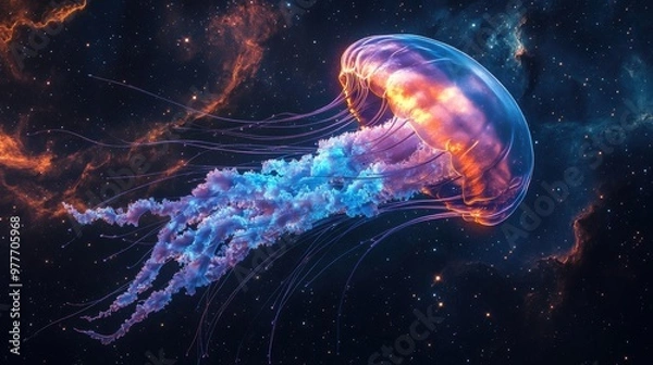 Fototapeta Massive Jellyfish Floating Through the Cosmos with Bioluminescent Glow