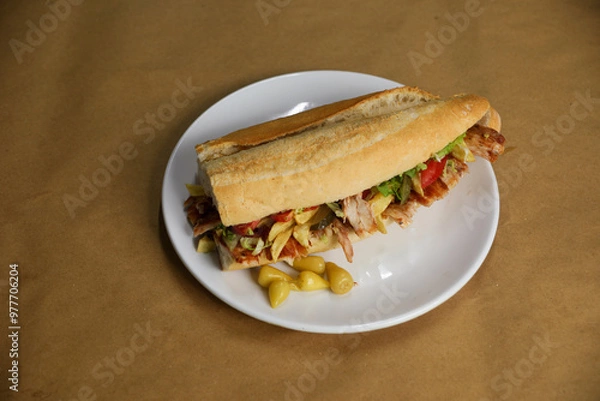Fototapeta Half bread chicken döner in a white plate