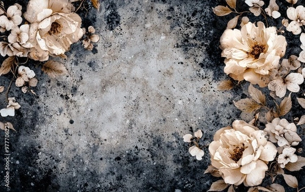 Fototapeta A vintage floral mosaic made from faded marble tiles, with dark, grunge overlays and splattered textures giving the scene an aged, decayed feel