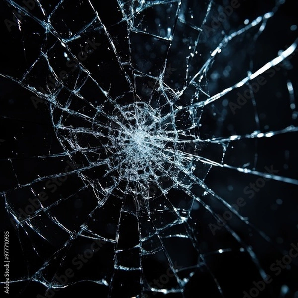 Fototapeta Detailed close-up of a spider's web broken glass with a central hole