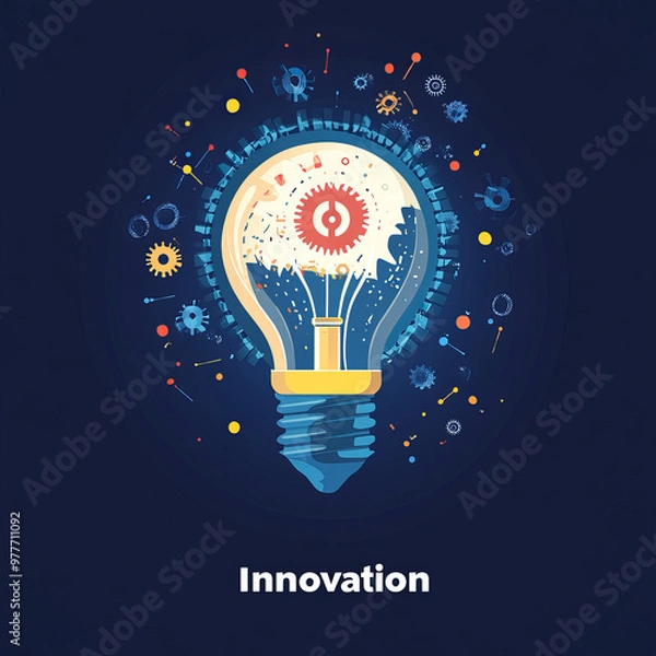 Fototapeta Innovation. Business concept of cutting-edge ideas and technological solutions. Creative thinking, inspiration, and brainstorming. Light bulb with internal gears and cogs. Creative thought. Vector i
