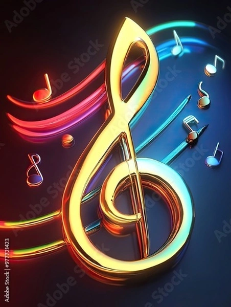 Fototapeta 3D illustration of colorful treble clef with musical notes on dark background with neon lights.