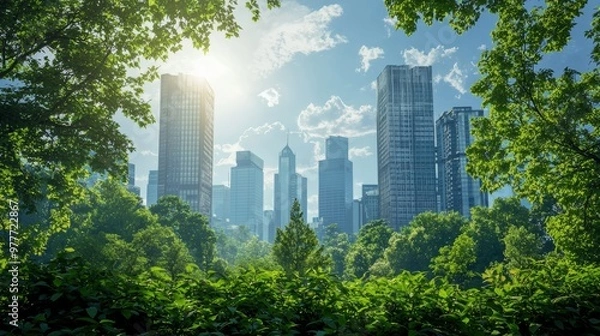 Fototapeta Urban Greenery - Cityscape with Trees and Sunlight.