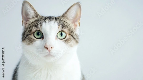 Fototapeta A close-up of a Cyprus cat with striking green eyes, sitting gracefully on a light solid color background