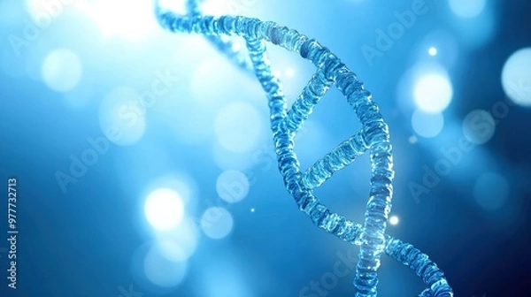 Fototapeta Close-up of a DNA helix illuminated in blue light, illustrating genetic structure and biotechnology, perfect for scientific themes.