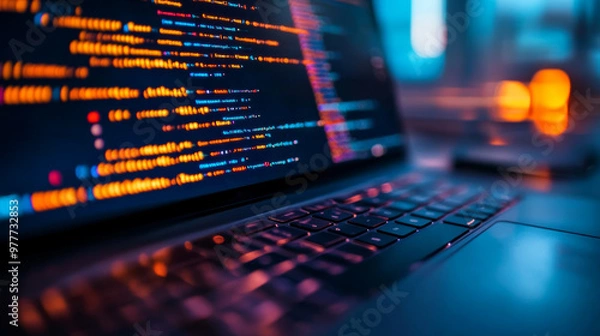 Fototapeta Concept of the software development and coding process. Cross-platform programming and testing for applications on laptops, tablets, and phones. Writing and editing scripts for desktop and mobile.