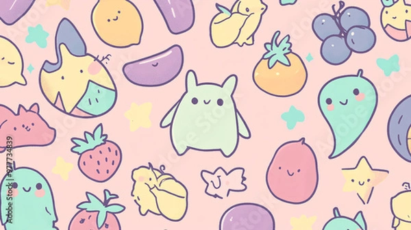 Fototapeta Kawaii Doodle Pattern Seamless Texture