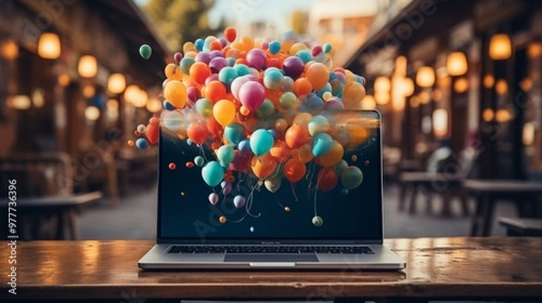 Fototapeta Photo of a laptop surrounded by colorful balloons and confetti, perfect for celebrating a special occasion with copy space