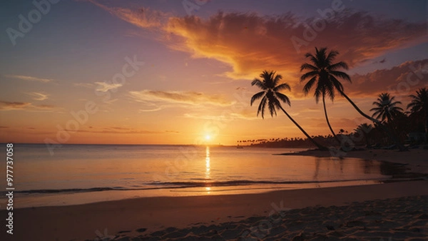 Fototapeta A wide-angle shot of a beach at sunset, with the sun dipping below the horizon and palm trees silhouetted against the colorful sky