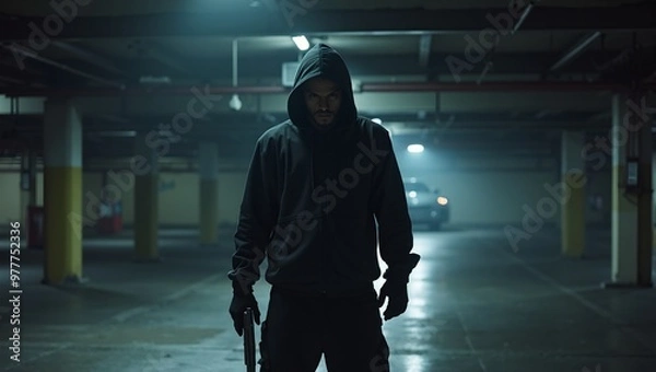 Fototapeta Intimidating robber in a dark parking garage illuminated by car headlights