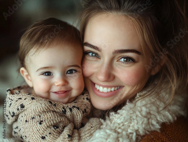 Fototapeta  Smiling Mother and Baby Close-Up Portrait