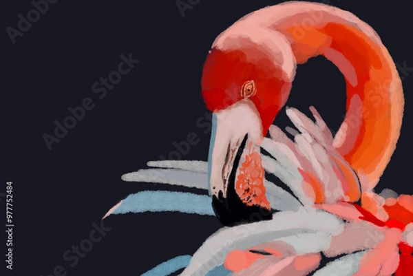 Fototapeta Vibrant watercolor illustration of exotic tropical birds, featuring a majestic flamingo, a colorful lilac-breasted roller, and a striking red parrot. Perfect for nature, wildlife, and artistic designs